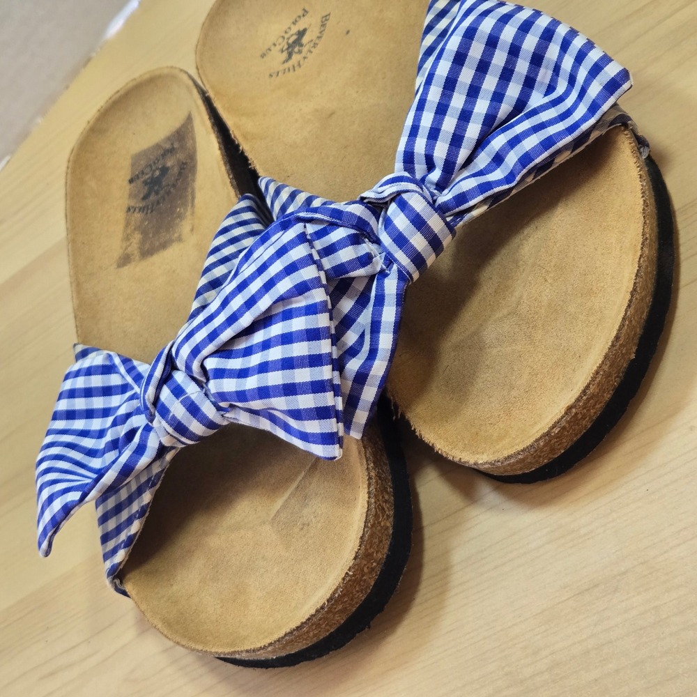 Beverly Hills Polo Club Womens Gingham Bow Slide Sandals Blue White Cork Footbed